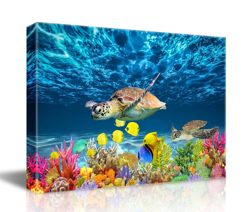 CGXART Bathroom Canvas Wall Art Kitchen Wall Decoration Modern Sea Turtle Wall Decor for Dining Room Colorful Fish Coral Beach Theme Pictures 12x16 Inch - Image 1